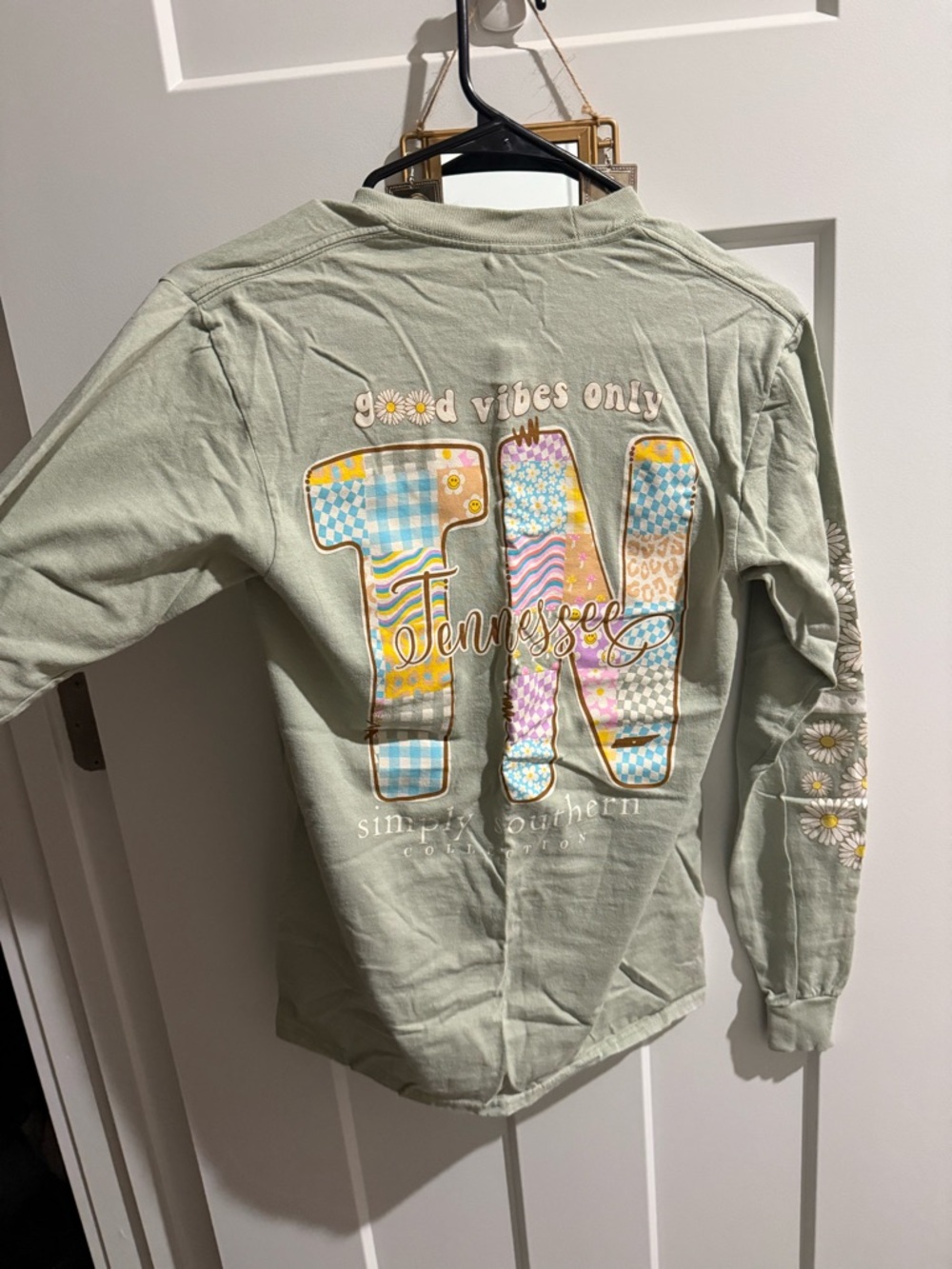 Simply Southern Sage Green Long Sleeve Tee with Colorful Patchwork TN